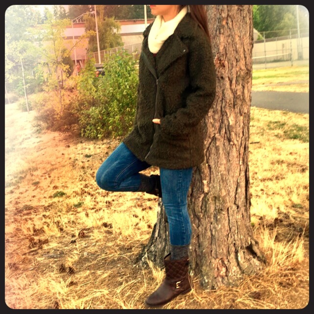 Warm fashionable winter forest green coat.